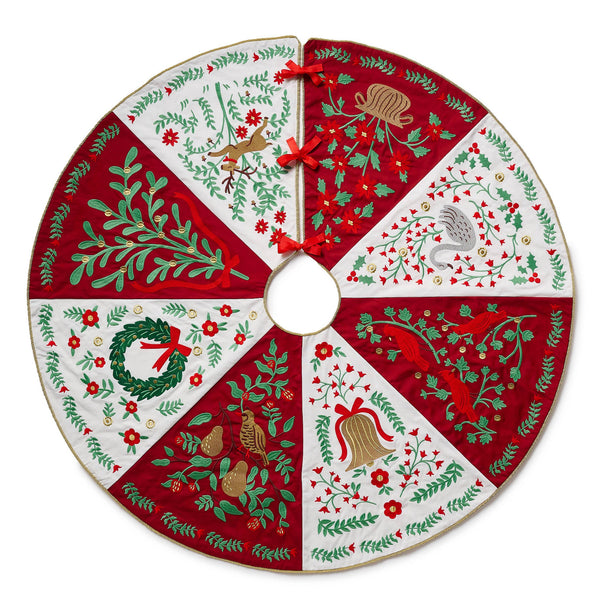 Decorative Christmas tree skirt with festive patterns on a white background