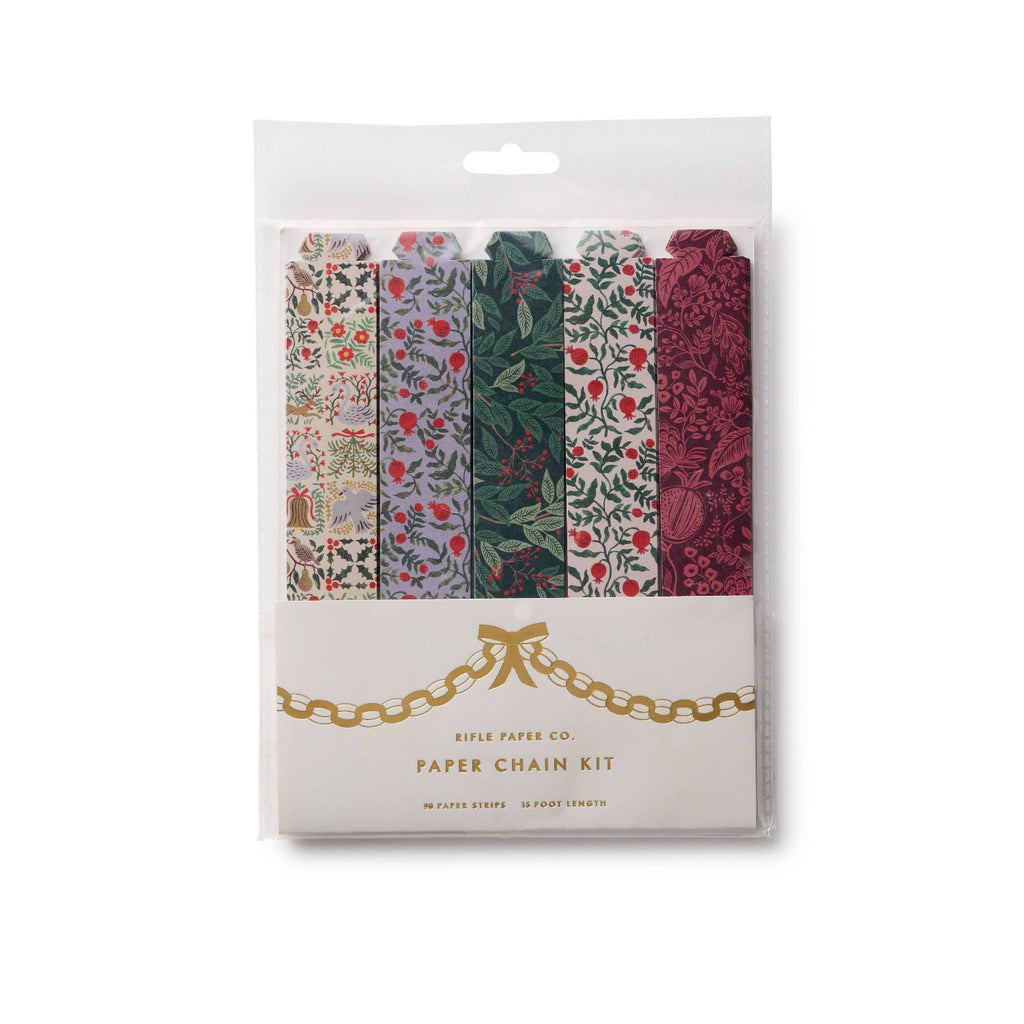Packaged paper chain kit with floral patterns on a white background