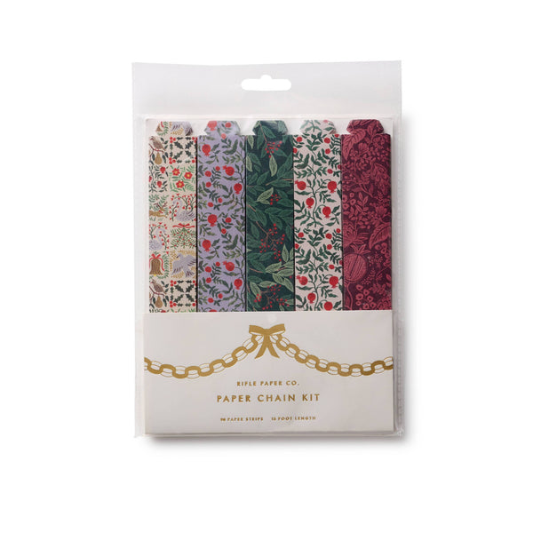 Packaged paper chain kit with floral patterns on a white background