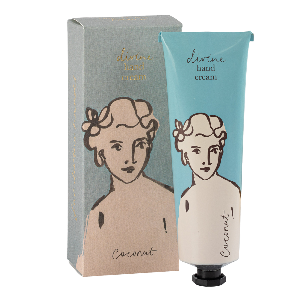 Divine hand cream with packaging featuring illustrations of a woman's face.