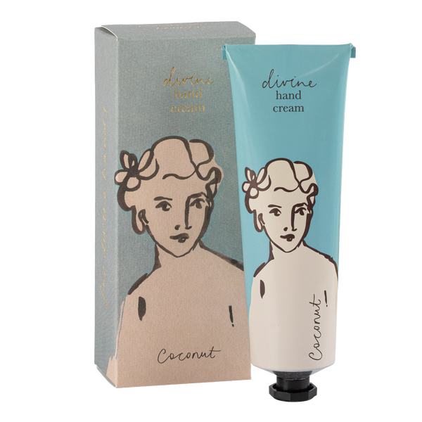 Divine hand cream with packaging featuring illustrations of a woman's face.