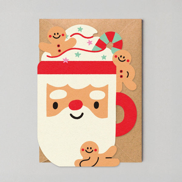 Card with a Santa Claus design featuring gingerbread men on a gray background