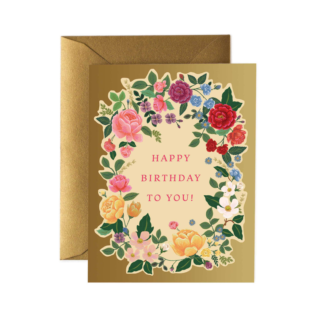 Floral birthday card with 'Happy Birthday To You!' text on a gold background