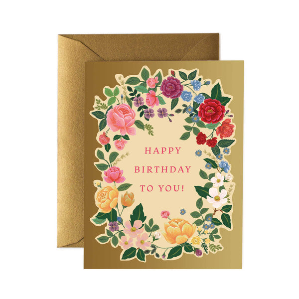 Floral birthday card with 'Happy Birthday To You!' text on a gold background