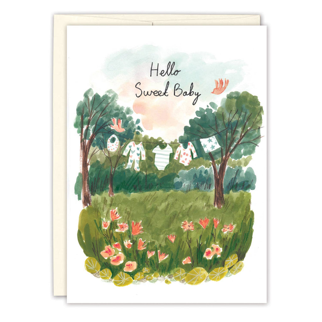 Illustration of a garden scene with trees, flowers, and baby clothes hanging, accompanied by 'Hello Sweet Baby' text.
