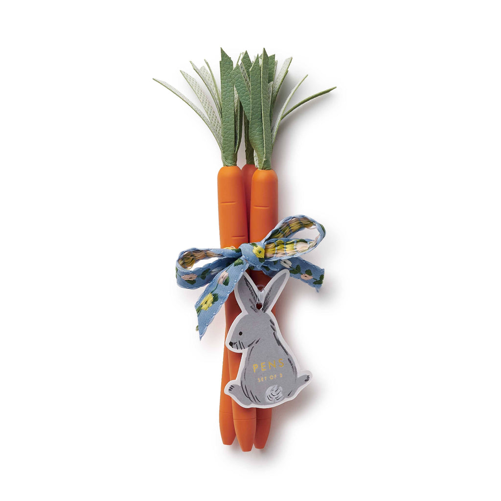 Three carrot-shaped markers with a bow and a rabbit tag on a white background