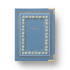 Blue album with floral design on a white background