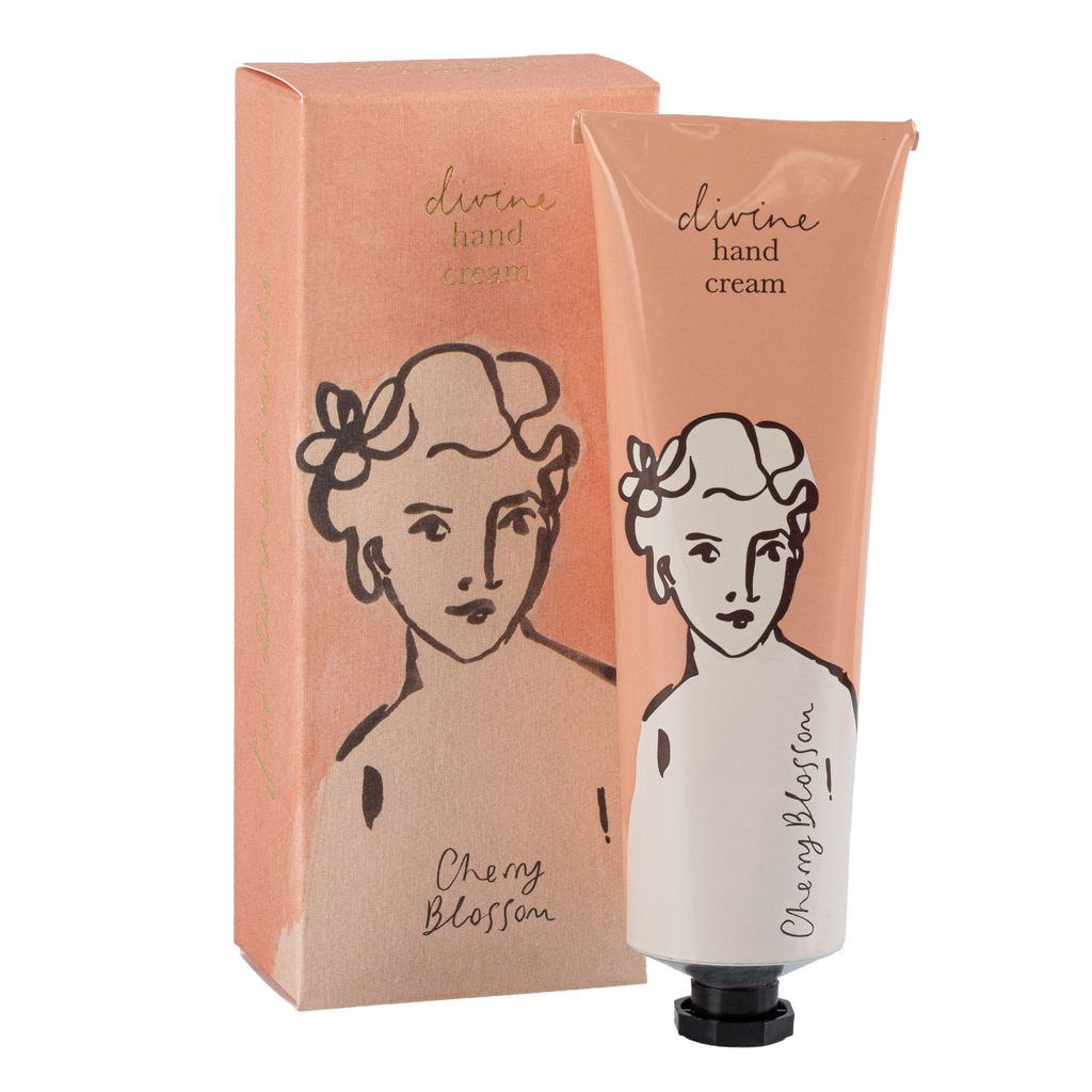 Divine hand cream packaging with a woman's face illustration on a white background