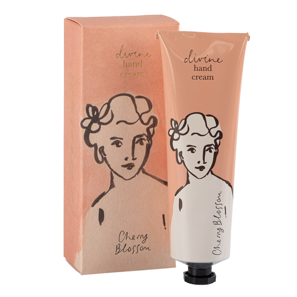 Divine hand cream packaging with a woman's face illustration on a white background