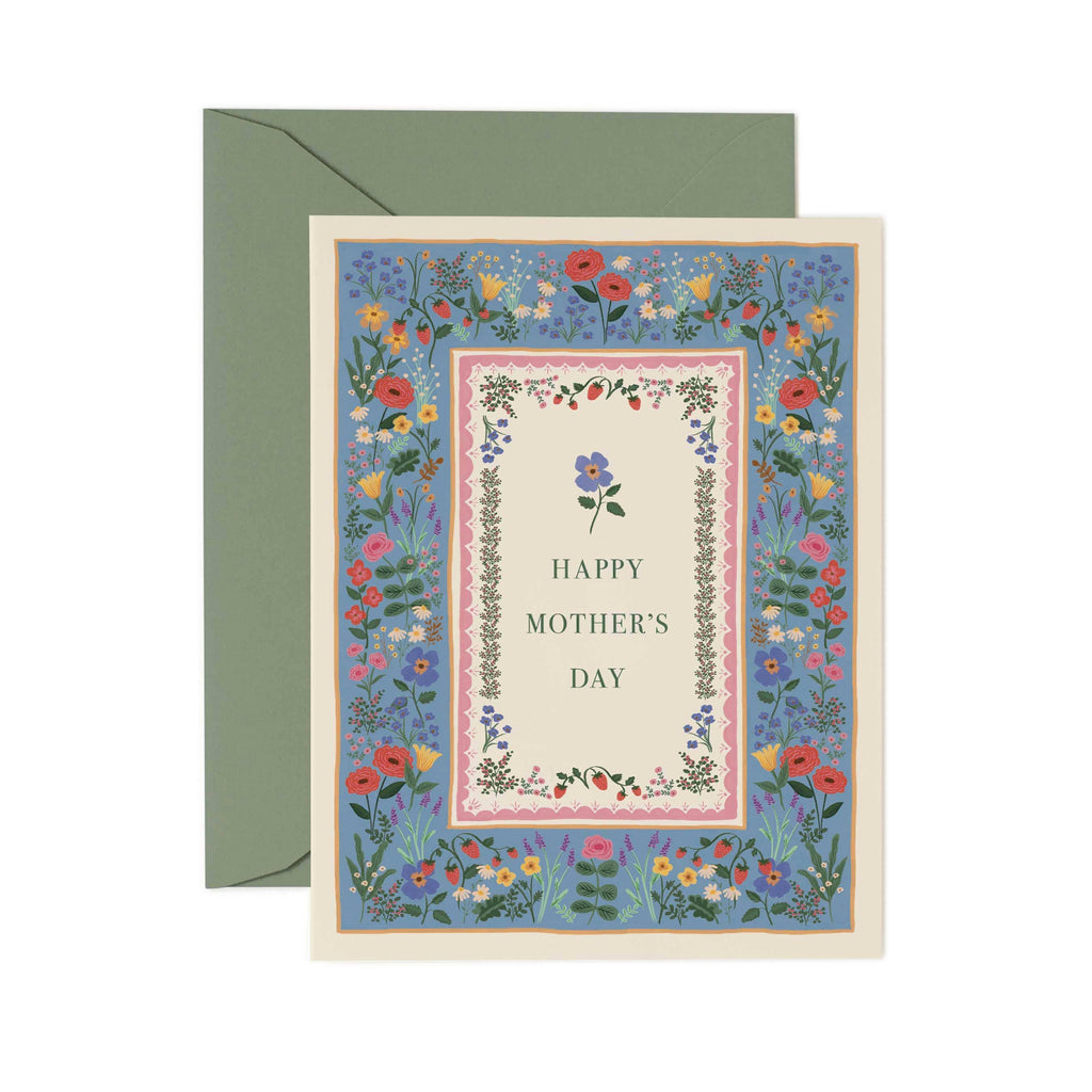 Greeting card with floral border and 'Happy Mother's Day' text, accompanied by a green envelope on a white background.
