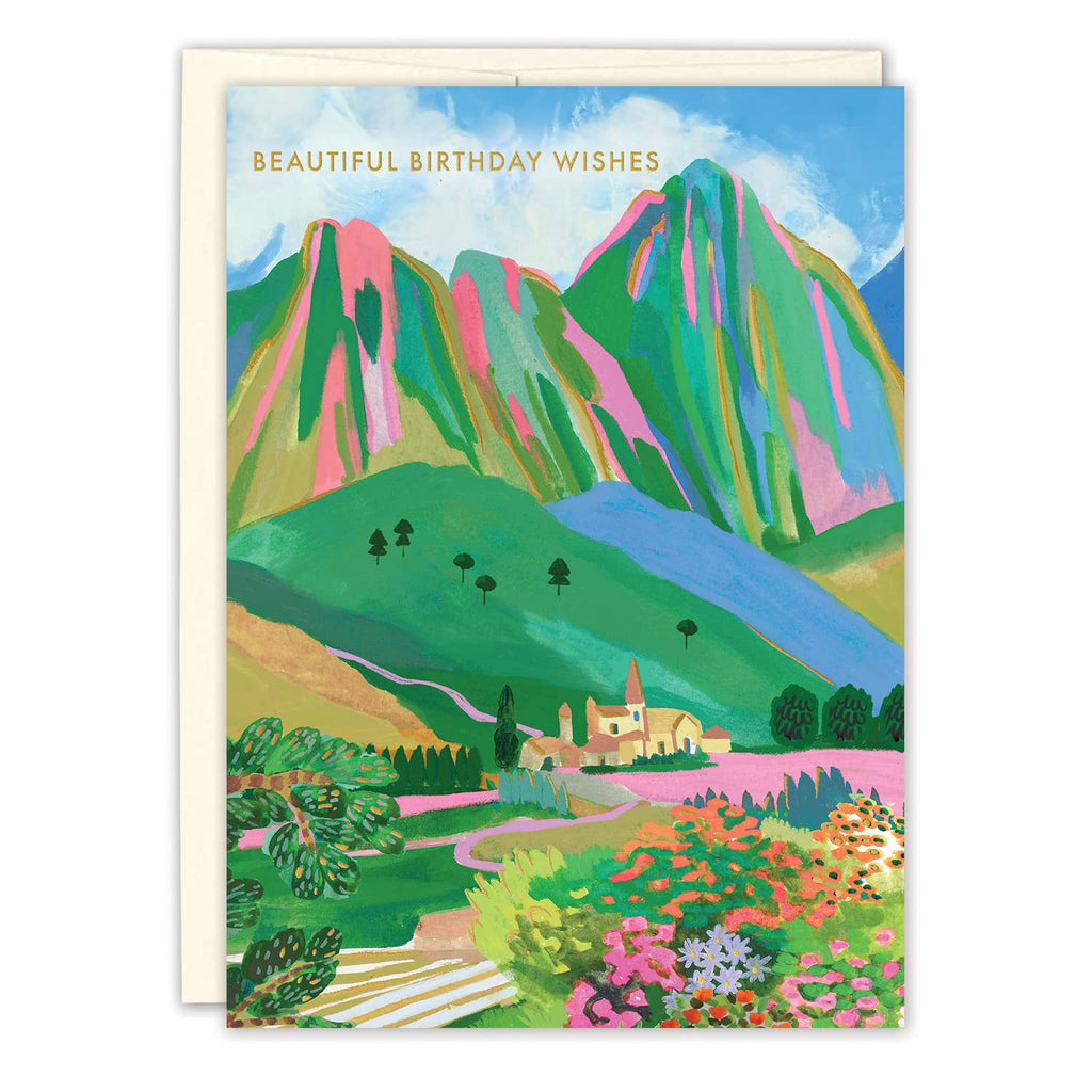 Greeting card with a colorful mountain landscape and 'Beautiful Birthday Wishes' text.