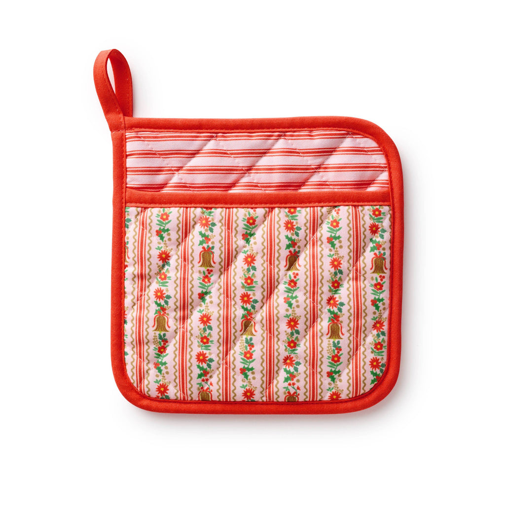 Red pot holder with striped pattern on a white background