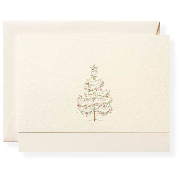 Set of two cream-colored cards with a Christmas tree illustration on a white background