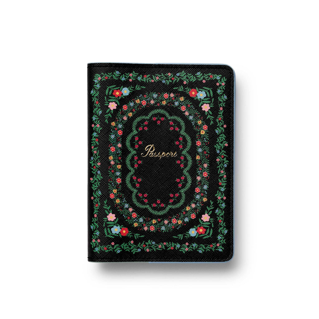 Black passport holder with floral design on a white background