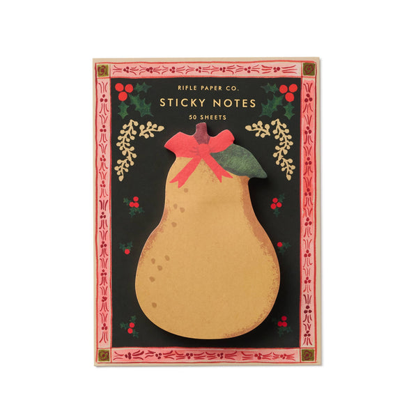 Sticky notes shaped like a pear with a decorative bow on a black background