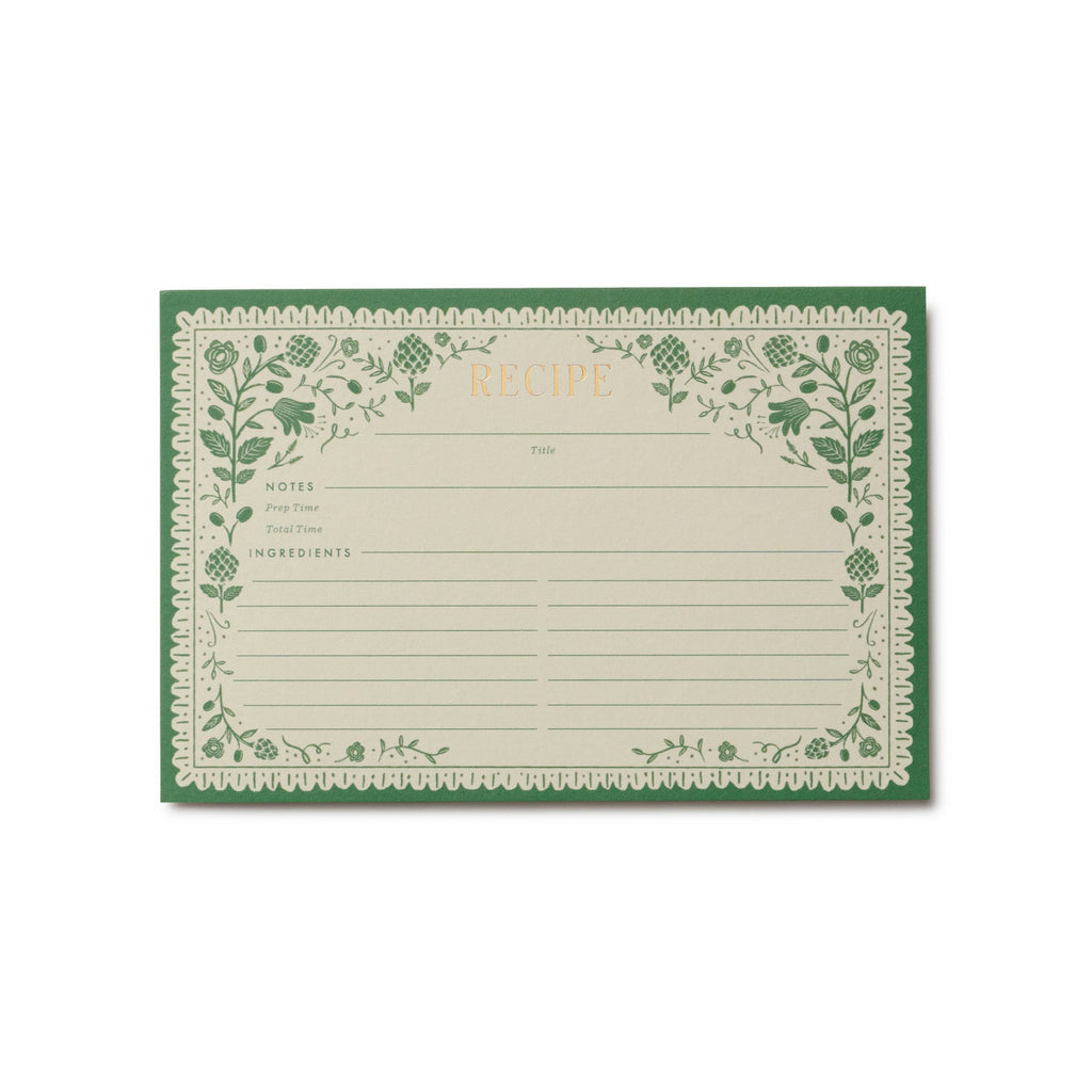 Recipe card with green floral border on a white background
