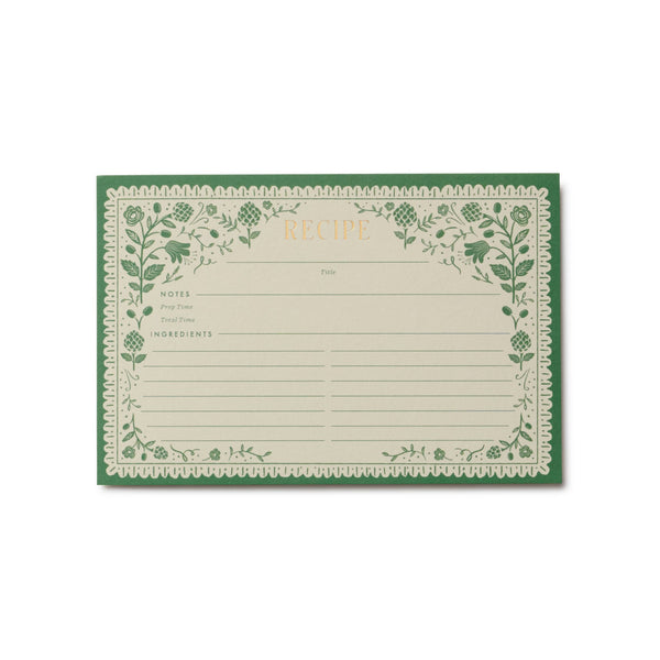 Recipe card with green floral border on a white background