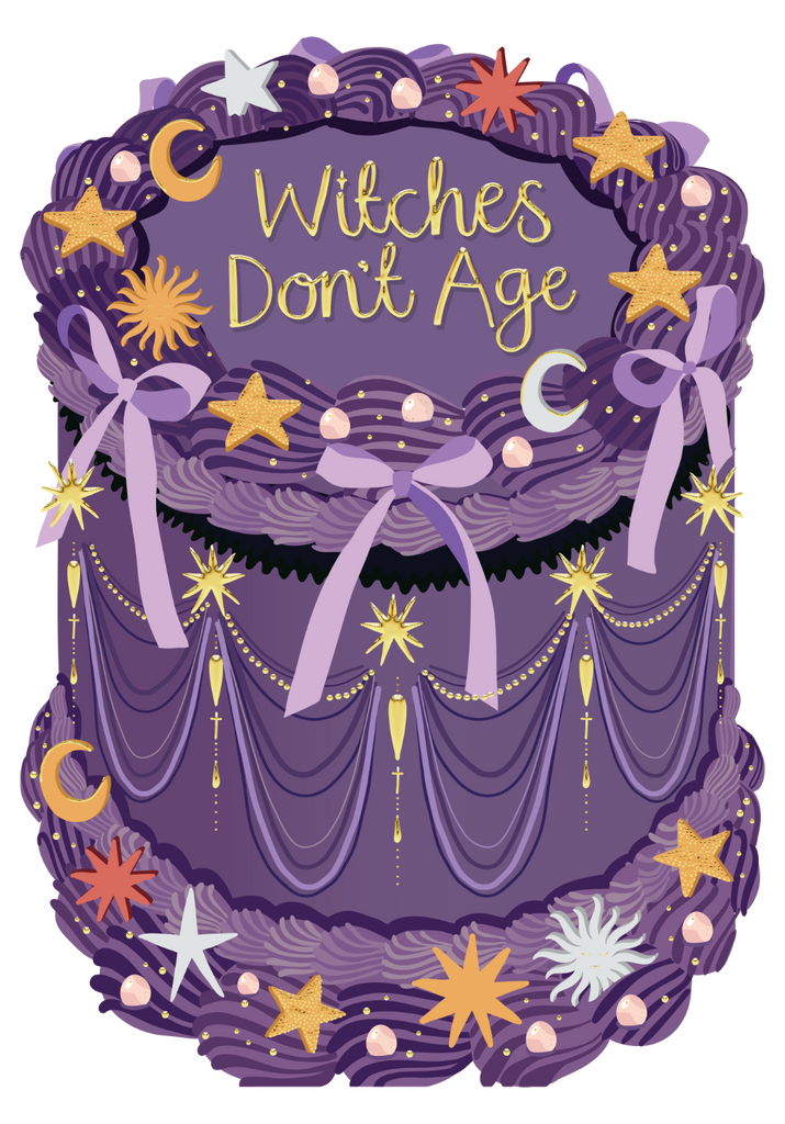 Decorative purple design with 'Witches Don't Age' text and festive elements.