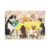 Illustration of a cat with a bowl of salad surrounded by dogs at a table with a floral background