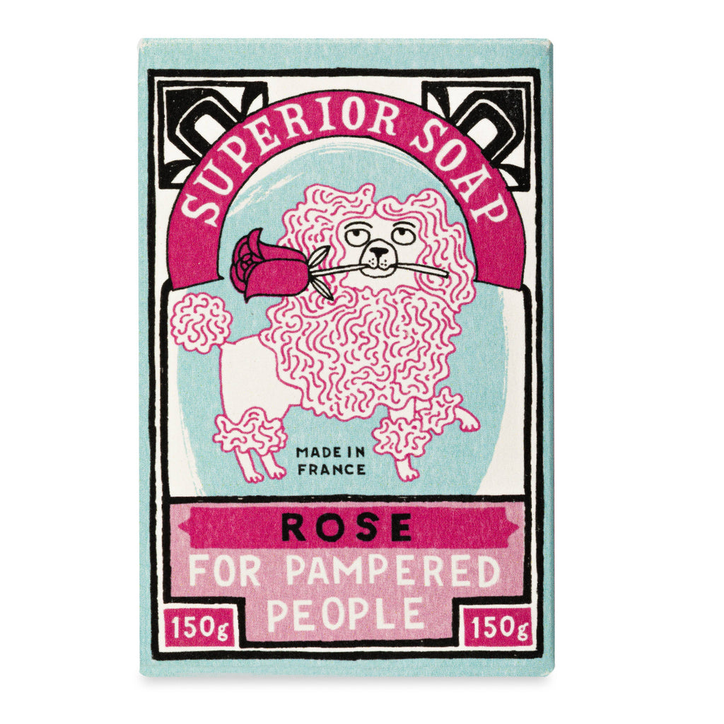 Soap packaging with a cartoon lion and text 'Superior Soap' on a light blue background