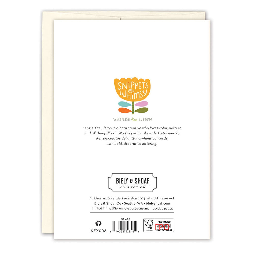 Back of a card with 'Snippets & Whims' branding and text.