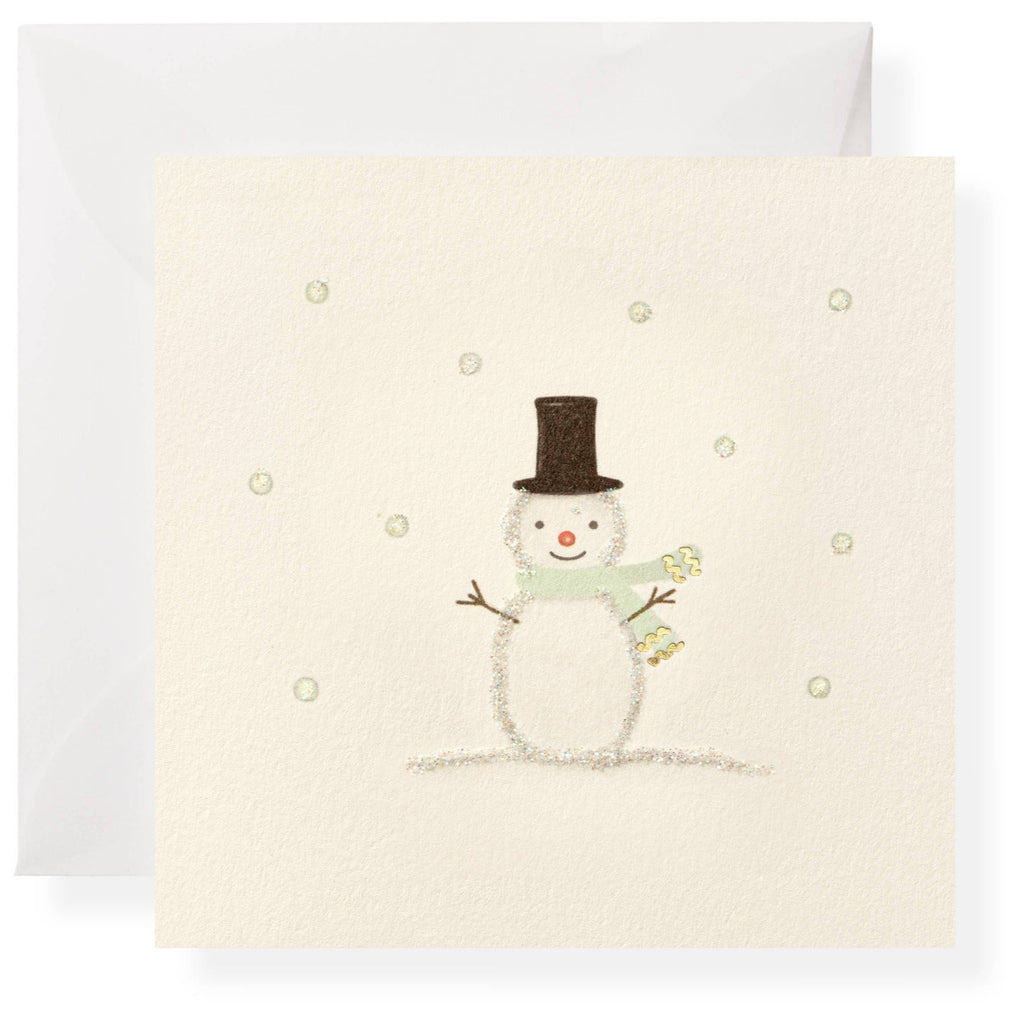 Card with a snowman illustration on a white background