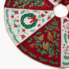 Decorative Christmas tree skirt with festive patterns on a white background