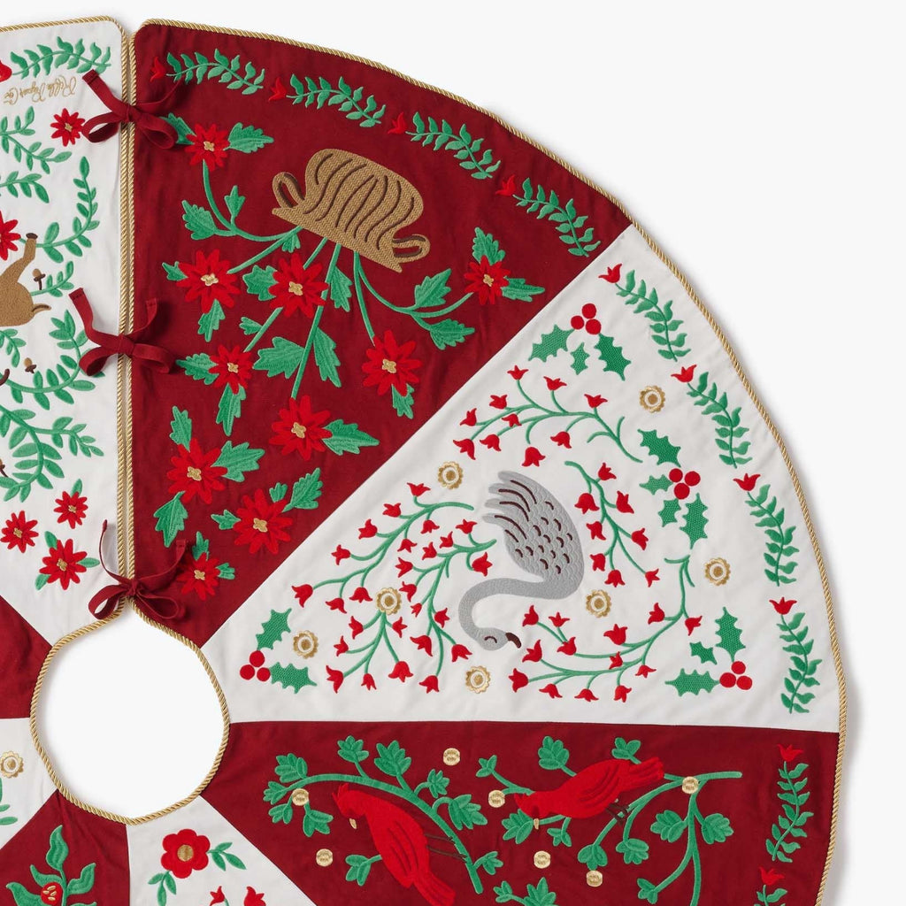 Decorative Christmas tree skirt with festive patterns on a white background