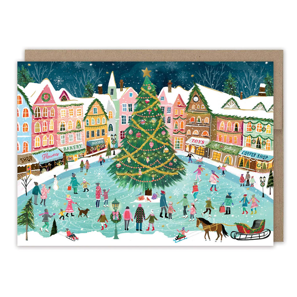 Christmas card with a snowy village scene, Christmas tree, and people skating.
