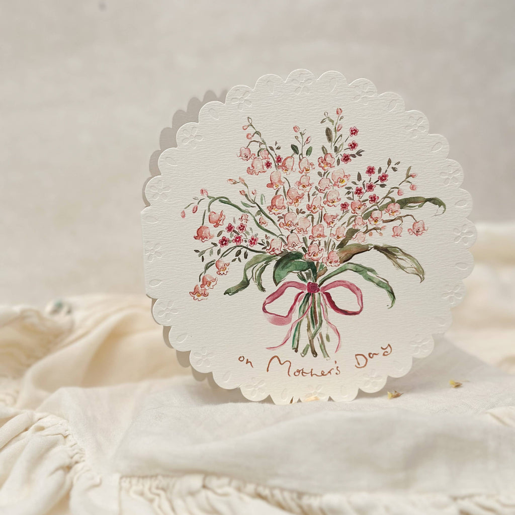 Card with floral design and 'Happy Mother's Day' text on a textured fabric background