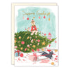 Illustrated Christmas card with a child and cat on a decorated tree, featuring 'Seasons Greetings' text.