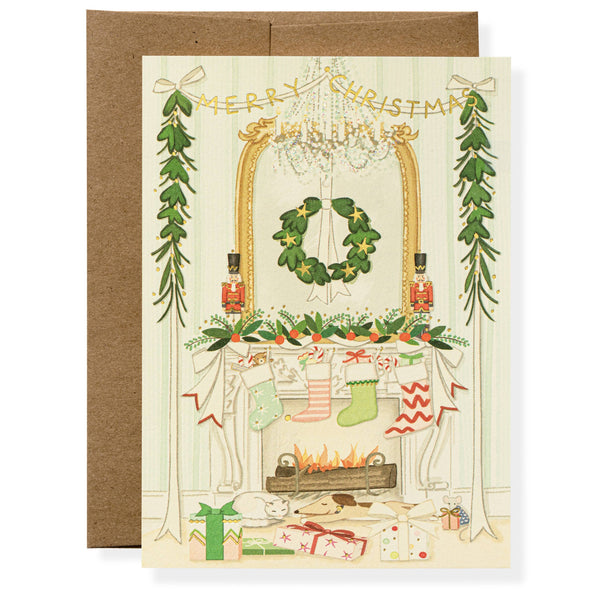 Christmas card with a fireplace, wreath, and stockings on a white background