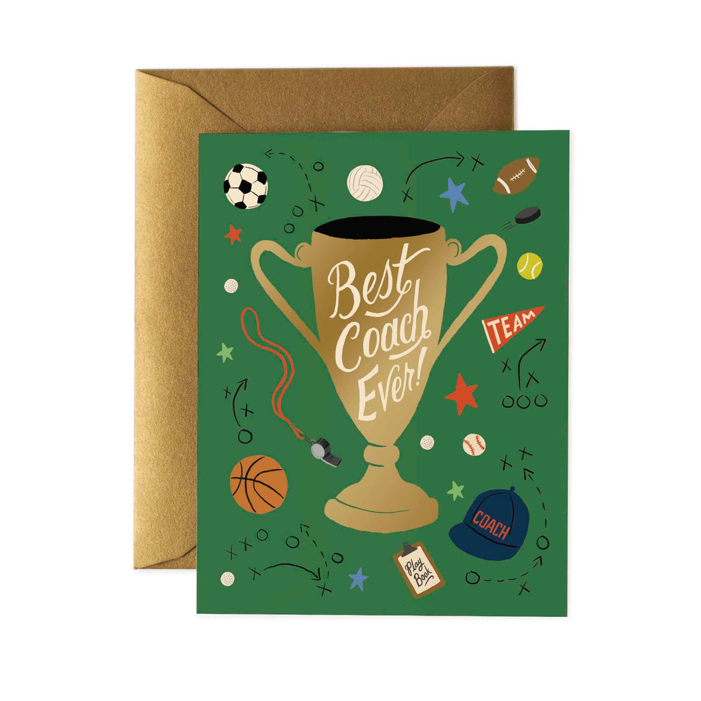 Greeting card with a trophy illustration and 'Best Coach Ever!' text on a green background.