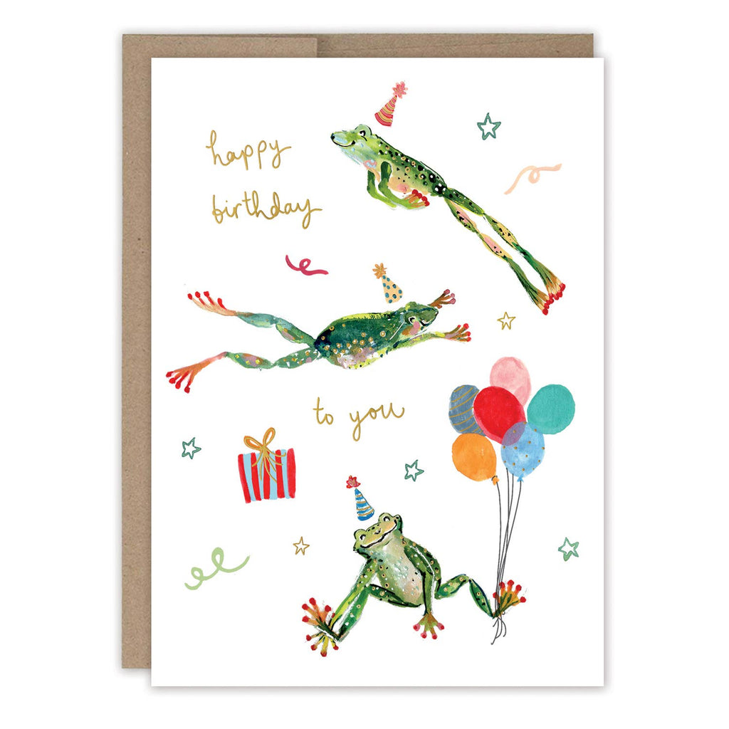 Birthday card with frogs and balloons on a white background