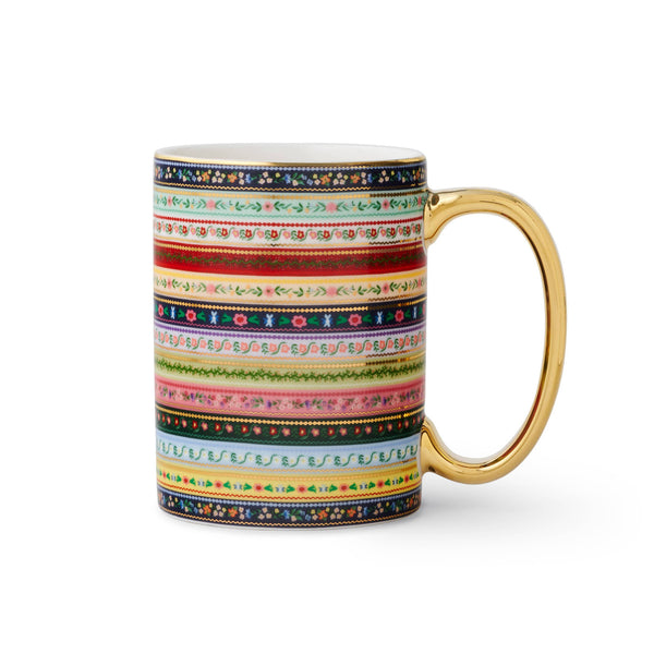 Colorful striped mug with a gold handle on a white background