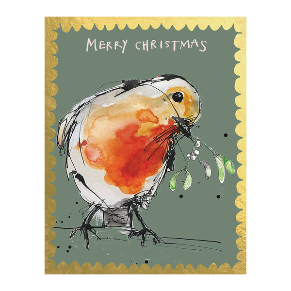 Christmas card with a robin illustration and 'Merry Christmas' text on a green background.