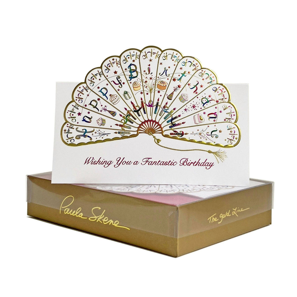 Folding birthday card with decorative design and 'Wishing You a Fantastic Birthday' text, displayed in a box.
