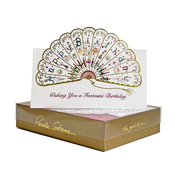Folding birthday card with decorative design and 'Wishing You a Fantastic Birthday' text, displayed in a box.