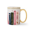 Mug with book design and text on a white background