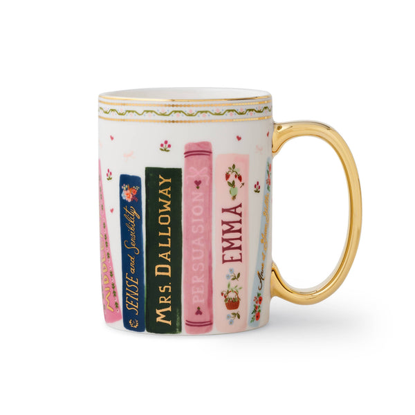 Mug with book design and text on a white background