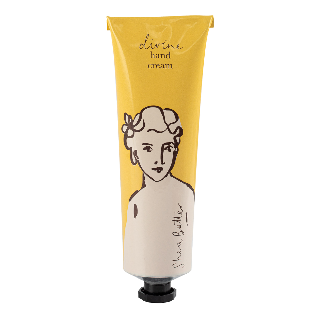 Hand cream tube with yellow label and black and white illustration on a white background