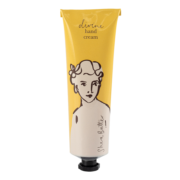 Hand cream tube with yellow label and black and white illustration on a white background