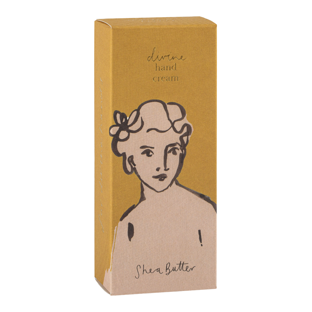 Box of olive hand cream with a vintage-style illustration on a white background