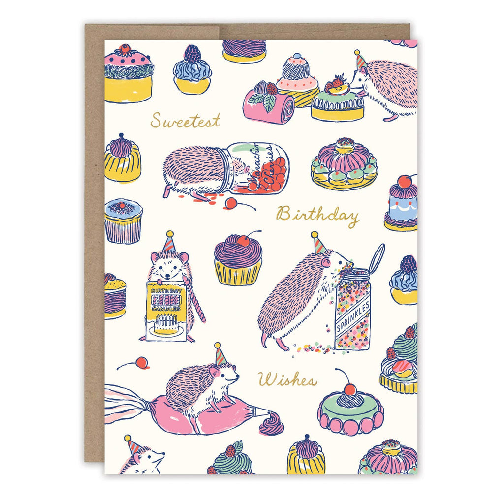 Birthday card with hedgehogs and cakes on a white background
