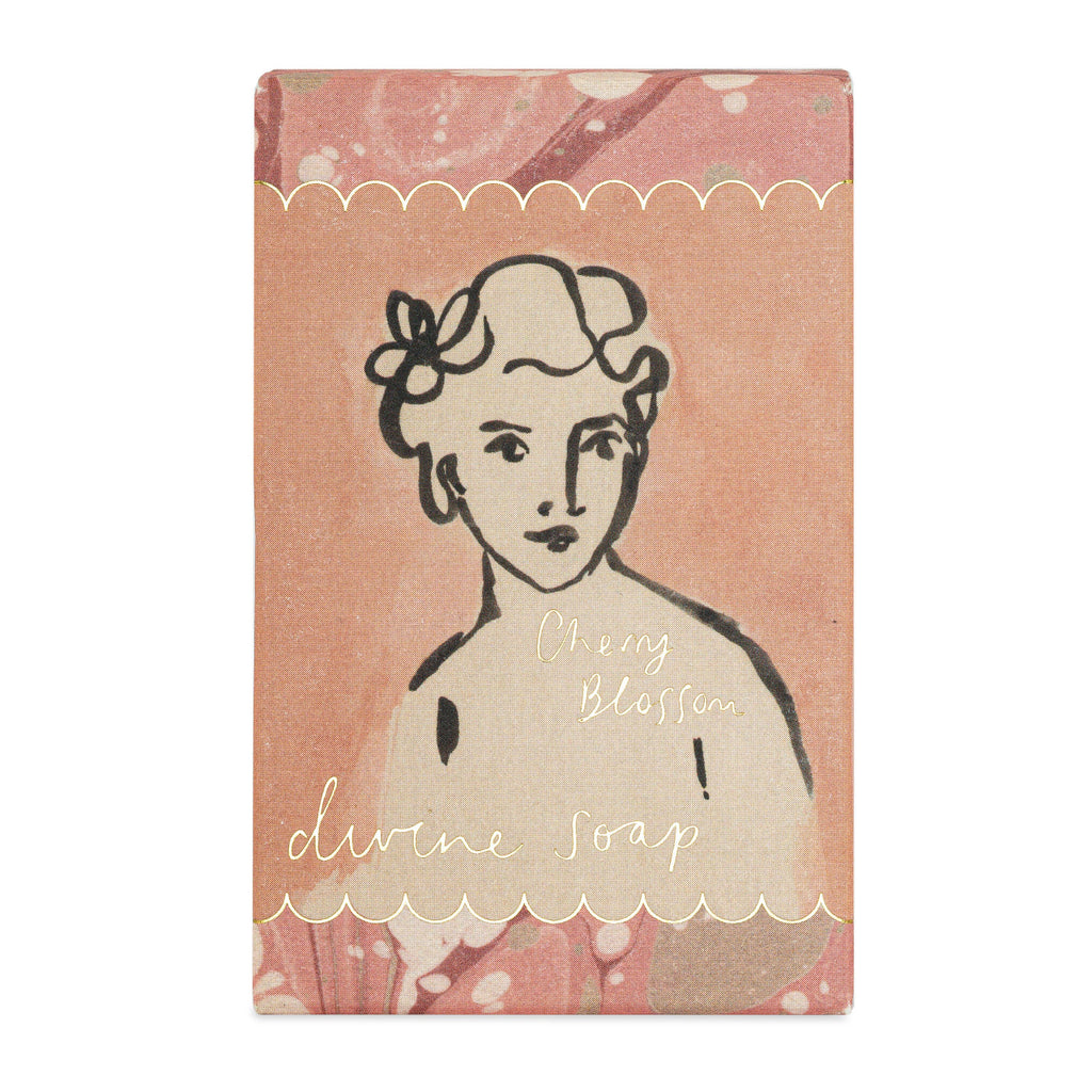 Soap packaging with a vintage-style illustration of a woman on a pink background