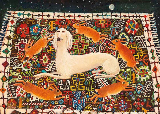 Decorative rug with a white dog and orange rabbits on a colorful geometric pattern.