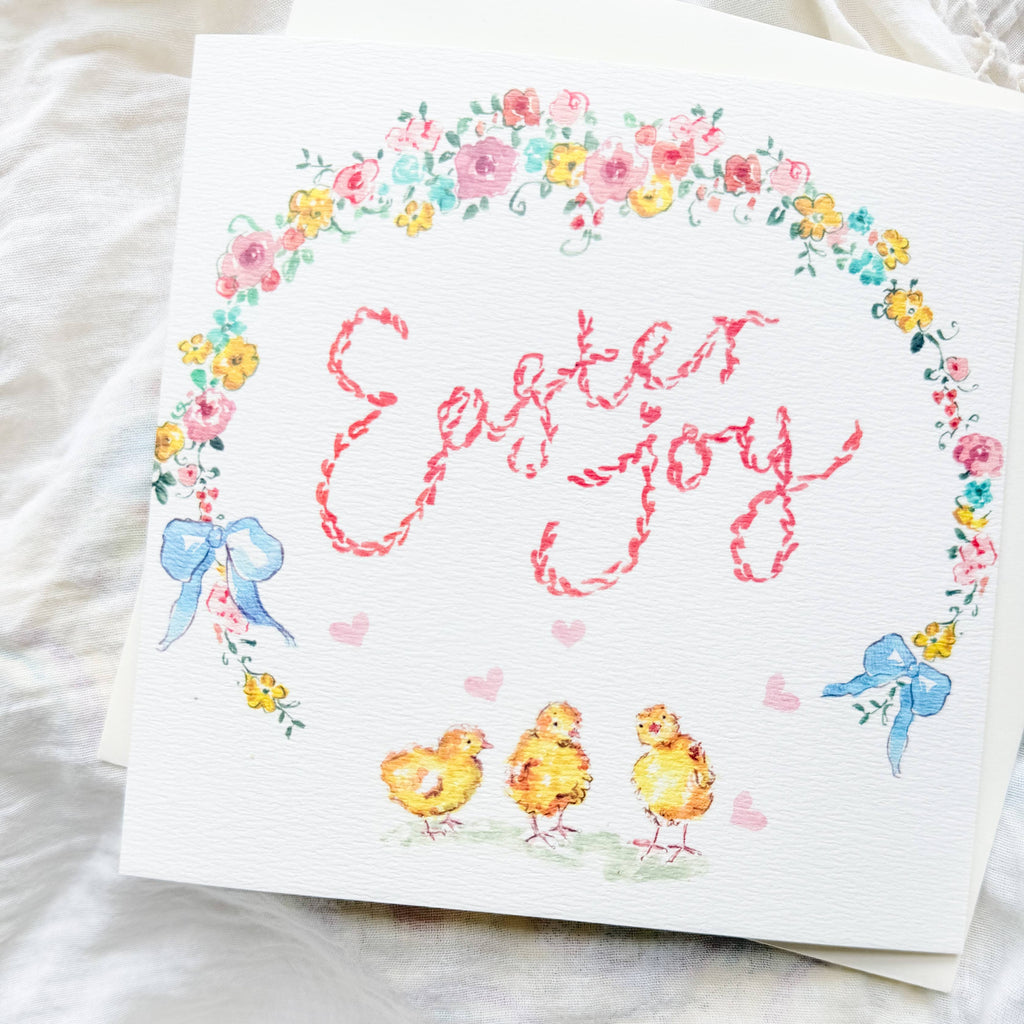 Easter-themed card with chicks, flowers, and 'Easter Joy' text on a white fabric background.
