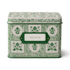 Decorative recipe box with green floral patterns and a 'Recipes' label on a white background