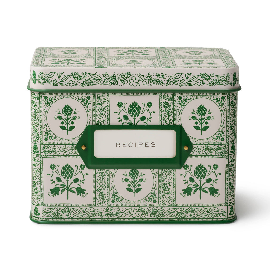 Decorative recipe box with green floral patterns and a 'Recipes' label on a white background
