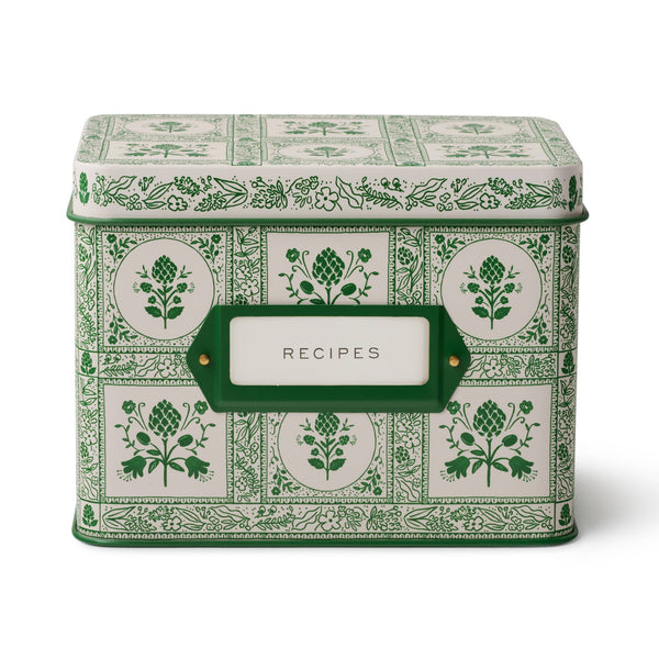 Decorative recipe box with green floral patterns and a 'Recipes' label on a white background